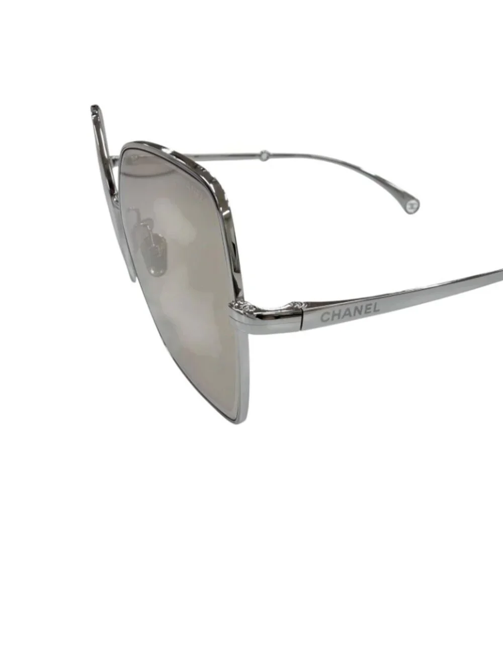 Chanel CC Logo Pearl Chain Butterfly Sunglasses Silver Brown Eyewear